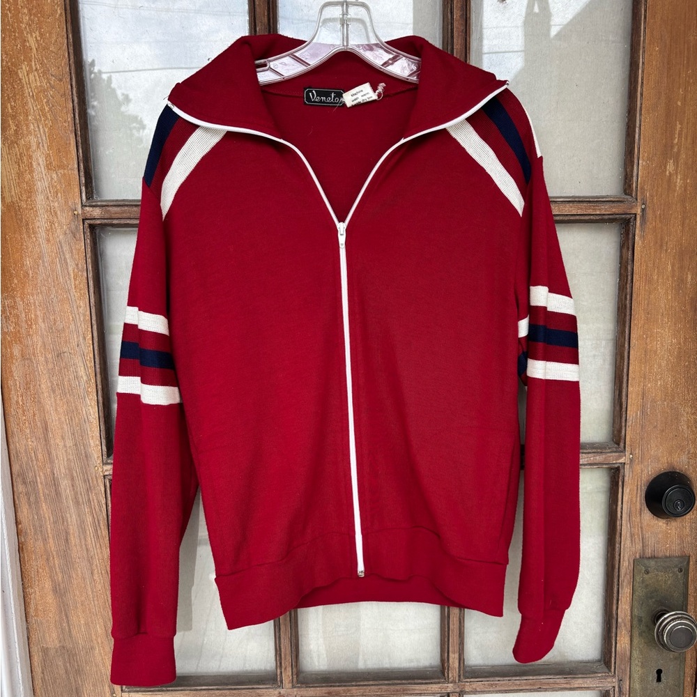 1970’s Red Zip-Up Jacket with Striped Sleeves